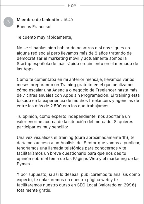 Un ejemplo de vendehumos en Linkedin 2